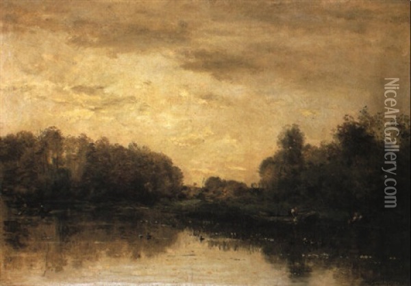 Wooded River Landscape With Figures In Boats Oil Painting - Charles Francois Daubigny