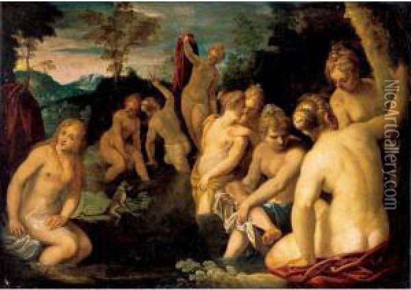 Diana And Her Nymphs Bathing Oil Painting - Maffeo Verona