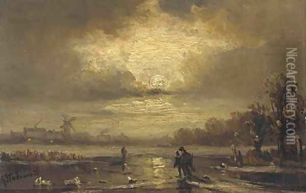 Skaters on a moonlit river Oil Painting - Adolf Stademann