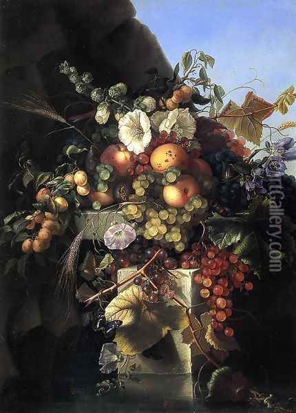 Still Life With Grapes, Peaches, Flowers And A Butterfly Oil Painting - Adelheid Dietrich