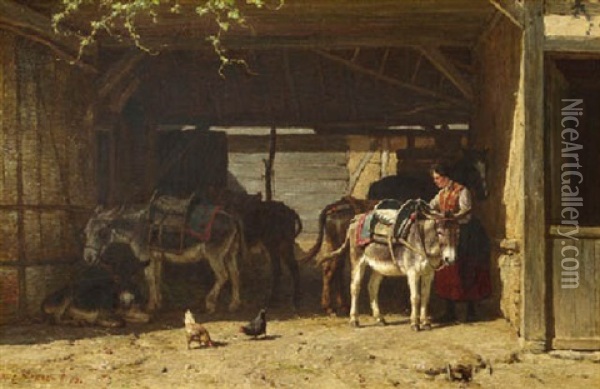Donkeys In A Stable On A Summer Day, Normandy Oil Painting - Willem Carel Nakken
