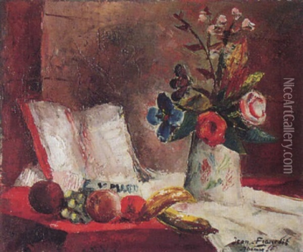 Stillleben Mit Blumenstrauss Und Buch Oil Painting - Jean Francois Thomas