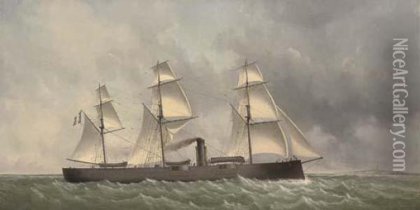 A French Ironclad Turret Ship Under Sail And Steam Off The Coast Oil Painting - Charles Leduc