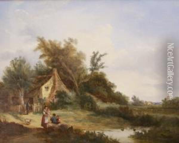 Figures Outside Cottage Oil Painting - J. Westall