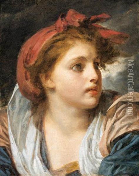 A Girl, Bust Length, Wearing A Red Headscarf Oil Painting - Jean Baptiste Greuze