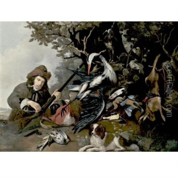 Still Life Of Game And A Hunter In A Landscape Oil Painting - Pieter Van Noort