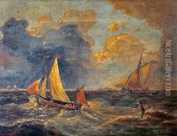 Fishing Boats In Choppy Seas Oil Painting - Louis Verboeckhoven