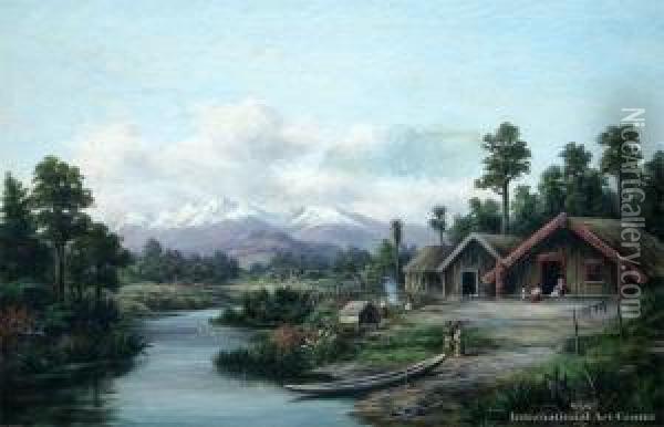 Maori Pah, Waikato Oil Painting - William George Baker