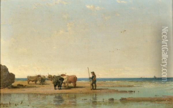 Cattle On A Beach Oil Painting - James Cassie