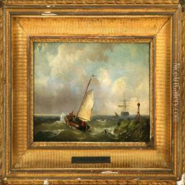 Marine With A Yacht And A Barque Passing A Coast In Heavy Sea Oil Painting - Abraham Hulk Jun.