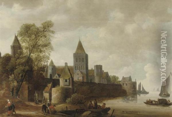 A Fortified Town By A River With Figures In Boats Oil Painting - Wouter Knijff