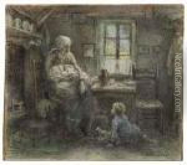A Peasant Mother And Her Two Children In An Interior Oil Painting - Leon Augustin Lhermitte