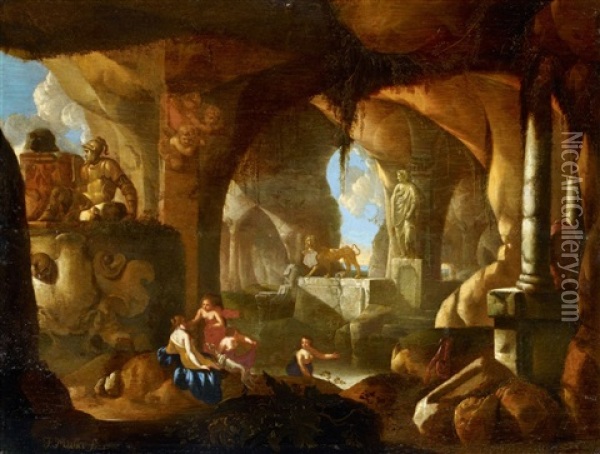 Nymphs Bathing In A Grotto Oil Painting - Franz Mueller