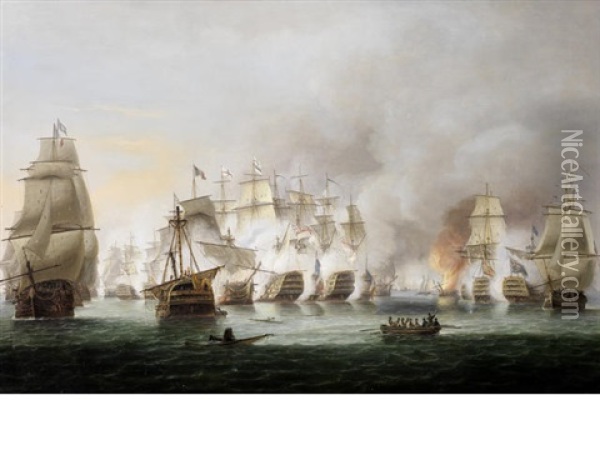 The Battle Of Trafalgar, 21st October 1805 - Nelson's Flagship Victory And Temeraire In Close Action With The French Redoubtable As The Battle Rages Around Them Oil Painting - Thomas Luny