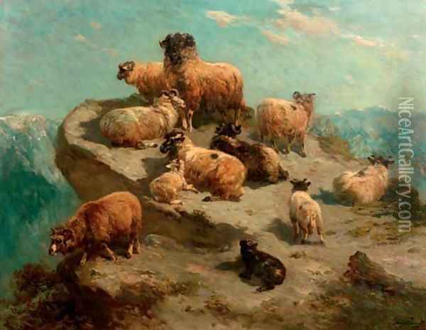 Mountain sheep on a cliff's edge Oil Painting - Henry Schouten