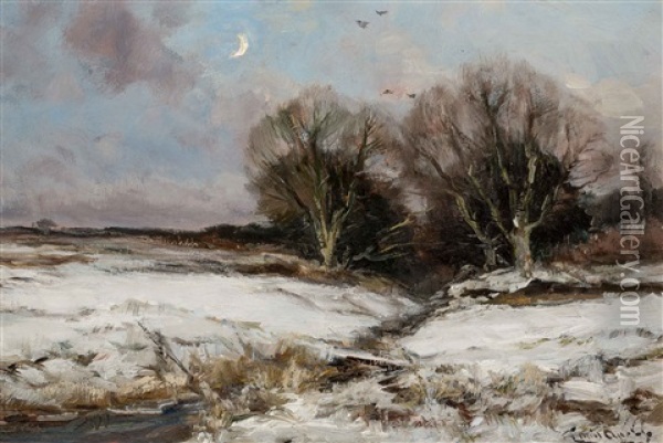 Winter Landscape With Crescent Moon Oil Painting - Louis Apol