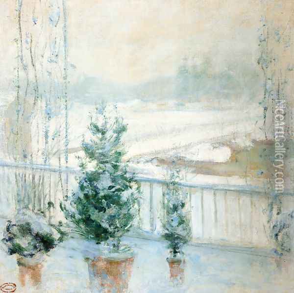 Balcony In Winter Oil Painting - John Henry Twachtman