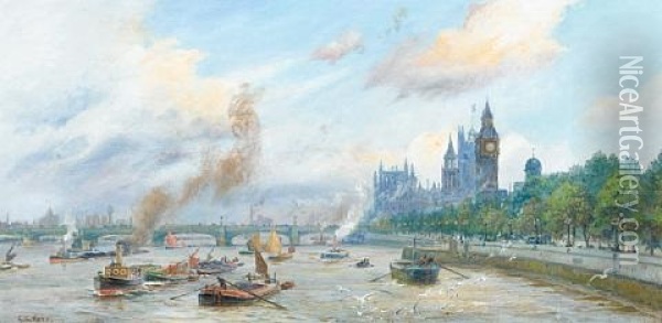 The Thames Below Westminster (+ Another; Pair) Oil Painting - George Cochrane Kerr