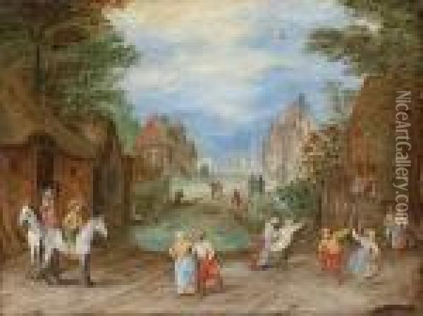 A Village Street With Peasants Dancing And Horsemen Looking On Oil Painting - Jan The Elder Brueghel