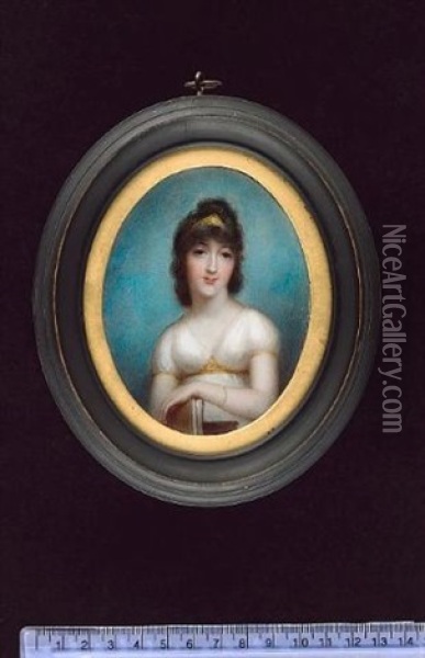 A Lady Wearing Classical-style White Robes Trimmed With Gold, A Gold Tiara In Her Dark Brown Hair, A Pearl Bracelet On Her Wrist, A Book In Her Hand Oil Painting - Anne Mee