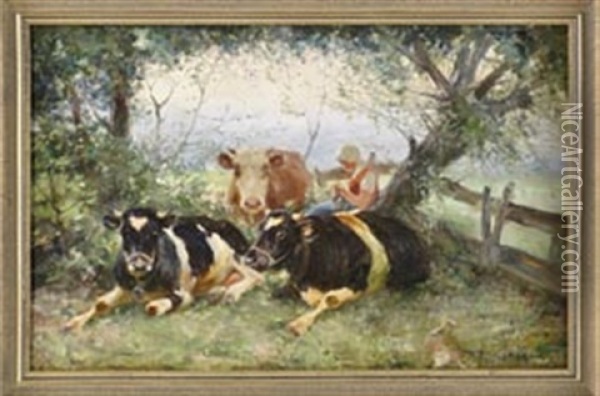 Drei Kuhe Mit Strickender Magd Unter Baumen Oil Painting - Julius Hugo Bergmann