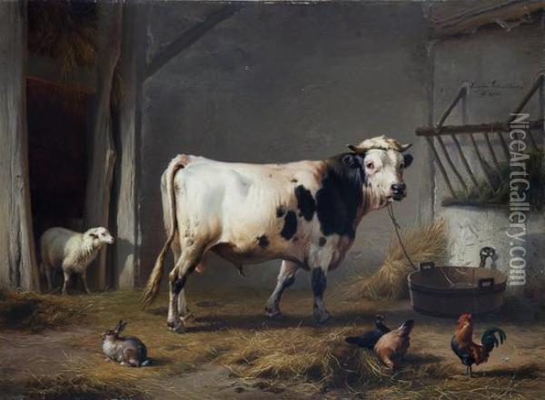 Interno Di Stalla Con Mucca, Pecora, Gallo, Galline Ed Un Coniglio Oil Painting - Eugene Joseph Verboeckhoven