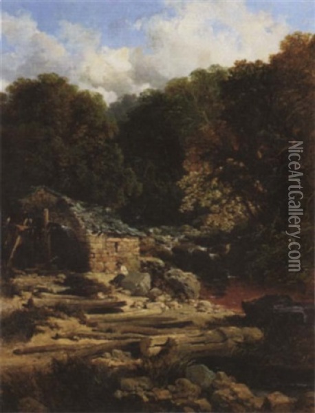 Fisherman By A Waterfall Oil Painting - Edmund John Niemann