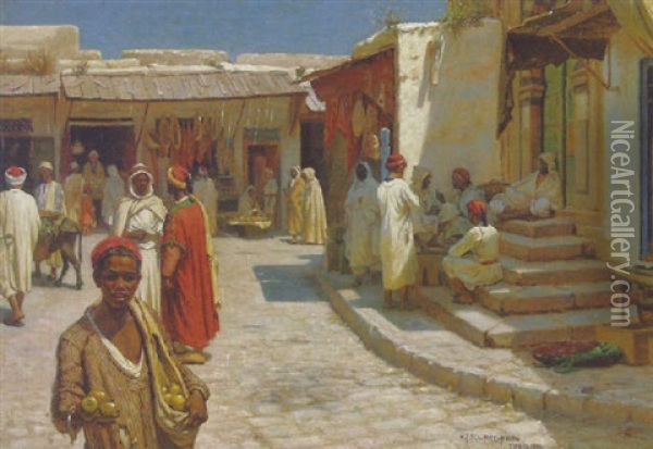 Traders In The Souk, Tunis Oil Painting - Niels Frederik Schiottz-Jensen