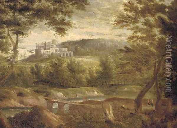 An Italianate landscape with figures by a lake, a town beyond Oil Painting - Jan Frans Van Bloemen (Orizzonte)