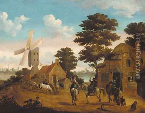 Falconers at an inn, a windmill by a river beyond Oil Painting - Johann Georg Stuhr