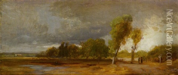 Baume An Einem Wasser, Rechts Auf Dem Pfad Wanderer Oil Painting - Eduard Schleich the Elder