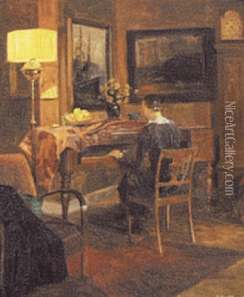 Interior Med Kvinde Ved Et Klaver Oil Painting - Robert Panitzsch