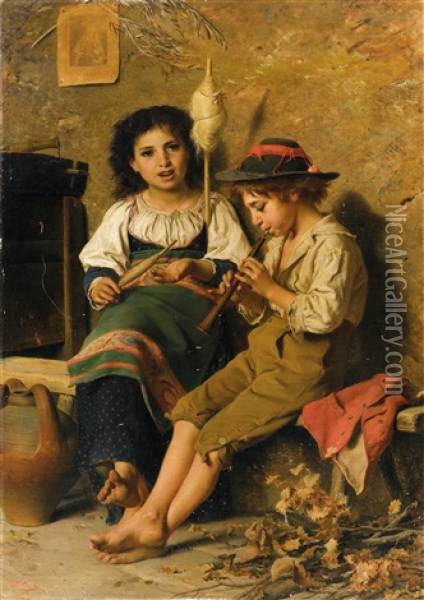 Der Kleine Flotenspieler Oil Painting - Luigi Bechi