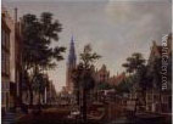 View Of The Groeburgwal, Amsterdam, With The Zuiderkerk In The Distance Oil Painting - Hermanus Petrus Schouten