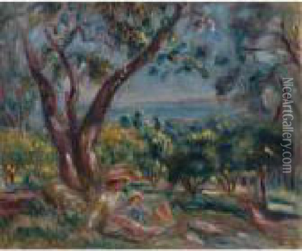Paysage A Cagnes Avec Femme Et Enfant Oil Painting - Pierre Auguste Renoir
