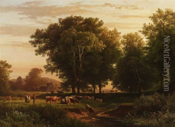 Abendfrieden -  Hirten Mit Kuhen An Einem Bach In Baumbestandener Landschaft Oil Painting - August Friedrich Kessler