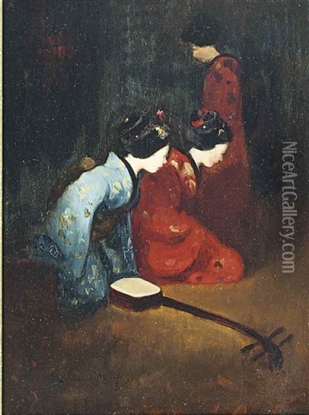 Japanese Musicians In An Interior With A Shamisen Oil Painting - Mortimer Luddington Menpes