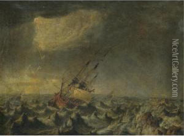 Ships In A Storm Floundering On Rocks Oil Painting - Johan Tietrich Schoultz