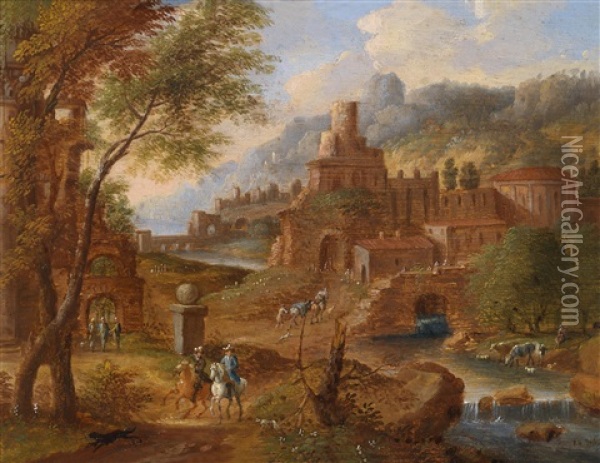 Gebirgslandschaft Mit Einer Burg Und Reitern Oil Painting - Peter Van Orley