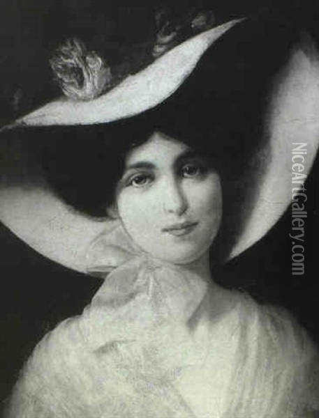 Portrait Of A Woman In A Hat With Pink Bow Oil Painting - Carducius Plantagenet Ream