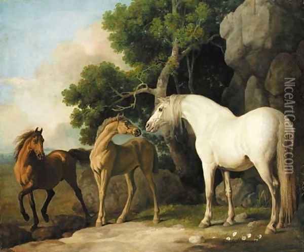 A mare and foal with a bay horse Oil Painting - George Stubbs