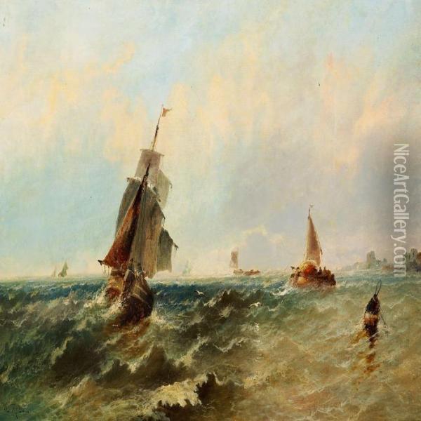 Seascape Withfishing Boats In Stormy Weather Off The Coast Oil Painting - William Calcott Knell
