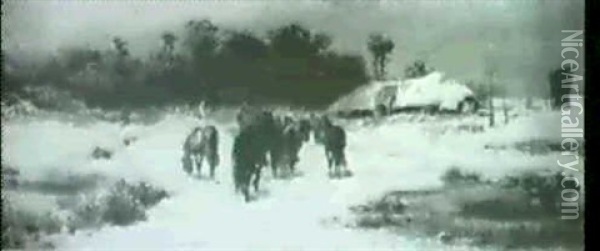 Pferdetranke Und Wallachisches Bild, Pferde Im Schnee Oil Painting - Adolf Schreyer