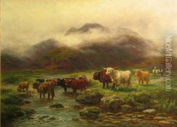 Highland Cattle At A Stream Oil Painting - Henry Garland