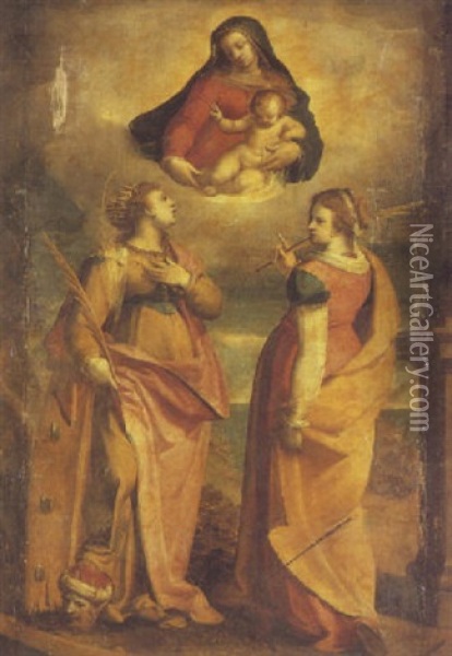 The Virgin And Child Appearing To Sts. Catherine And Apollonia Oil Painting - Giovanni Battista (il Bergamasco) Castello