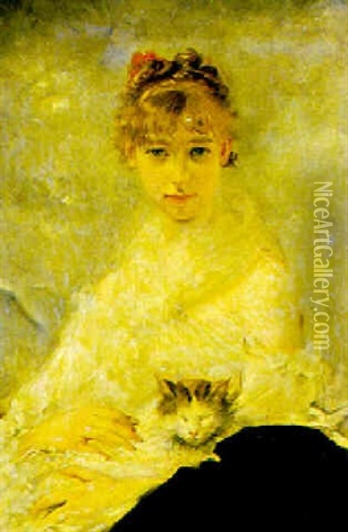 Junge Frau Mit Katze Oil Painting - Charles Joshua Chaplin