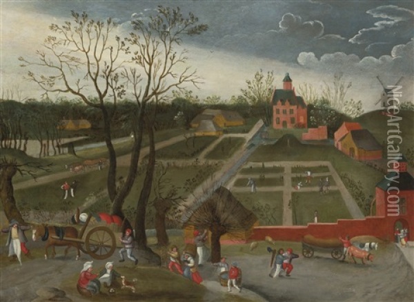 Landscape With Peasants Walking Along A Road With Horse-drawn Carts And Others Planting In The Garden Of A Large Manor House Oil Painting - Jacob Grimmer
