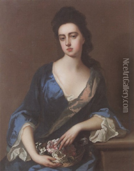 Portrait Of Lady Mary Somerset, The Duchess Of Ormond, Wearing A Blue Dress, Holding A Basket Of Flowers Oil Painting - Michael Dahl