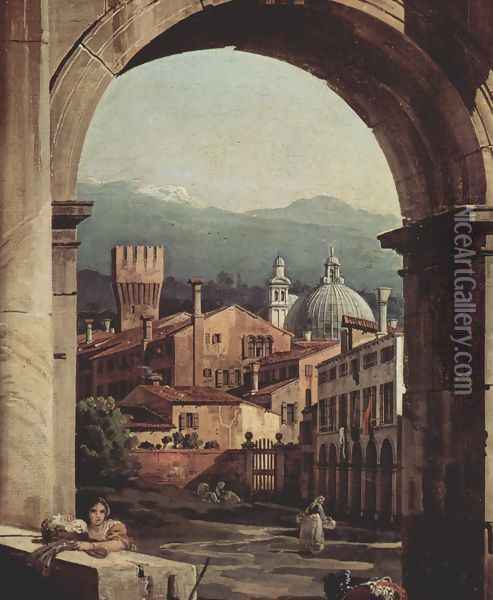 Capriccio Romano, city gate tower, detail Oil Painting - (Giovanni Antonio Canal) Canaletto