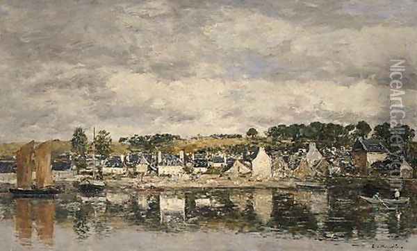 Village by a River Oil Painting - Eugene Boudin